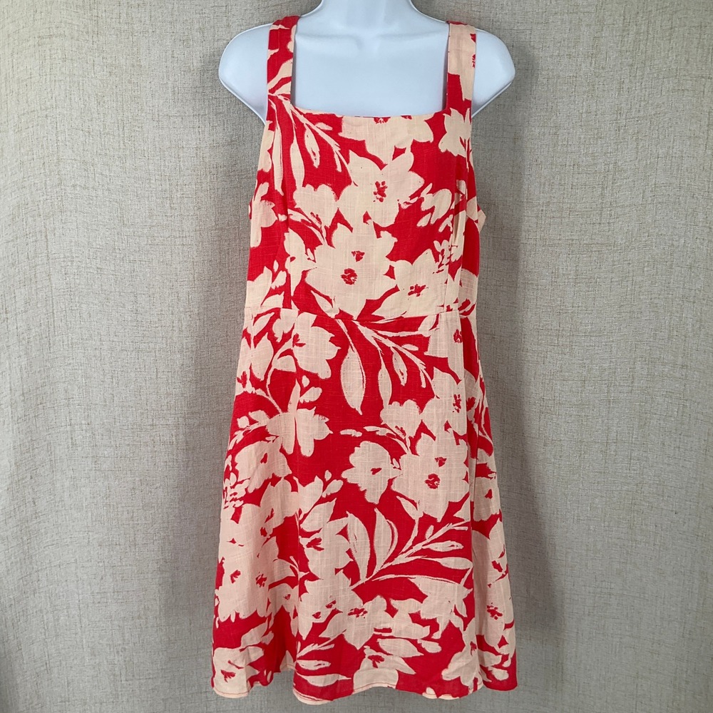Vince Camuto Dress Womens L Red Linen Blend Floral Square Neck Sleeveless Travel